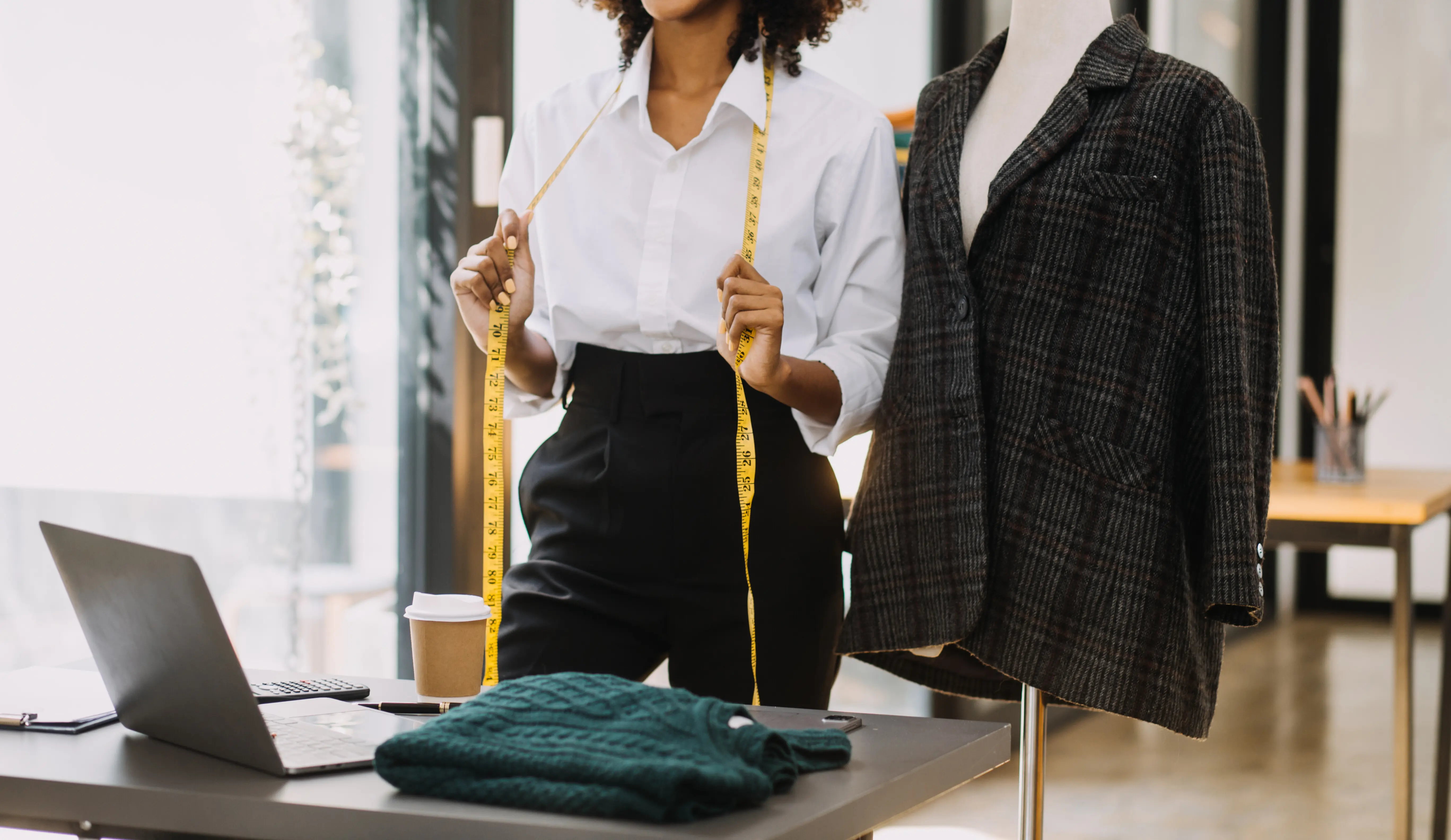 Modedesigner bei der Arbeit im Studio, Nahaufnahme des Designs.